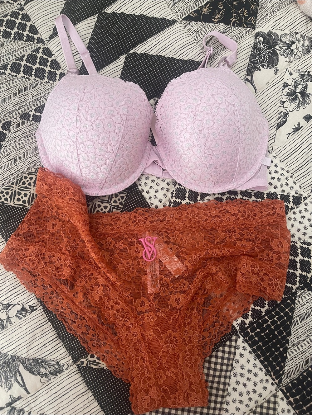 Victoria's Secret Lilac Lace Push-Up Bra with Rust Lace Briefs